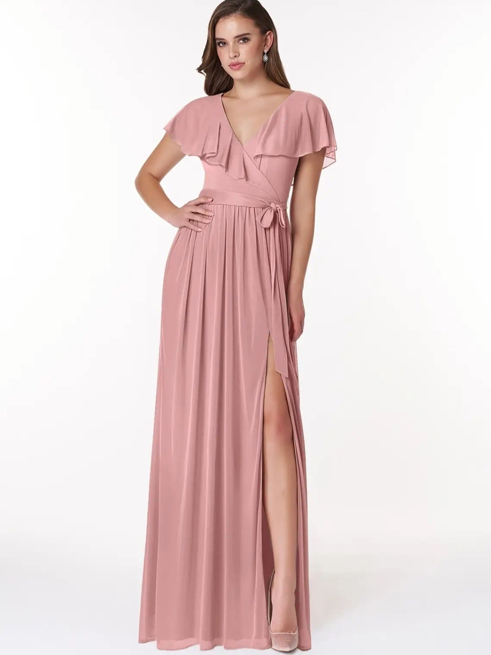 Women's Rose Pink Maxi Dress with Flutter Sleeves